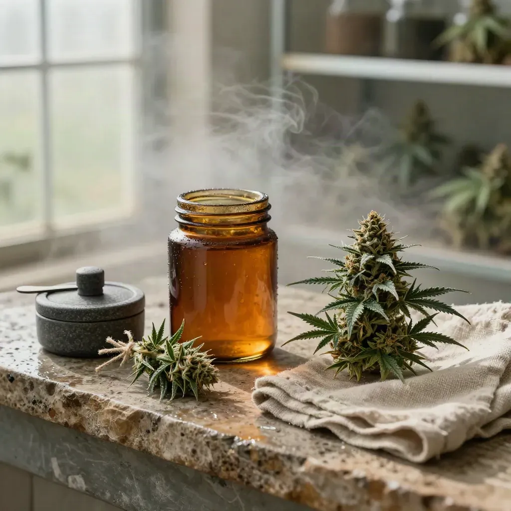 Cannabis cola, amber jar, grinder and drying sprig on a misty greenhouse bench at dawn.