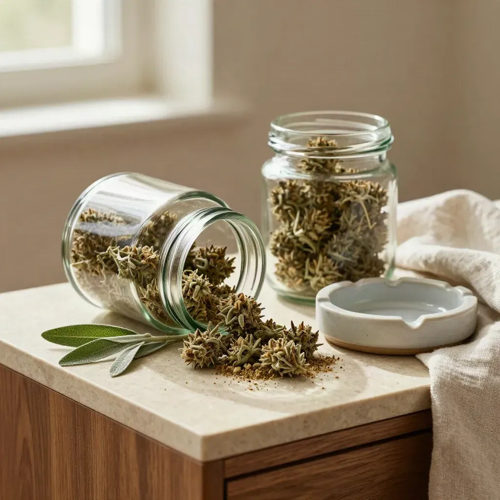 Open cannabis flower jars with loose buds, linen and an ash dish on a sunlit stone ledge.