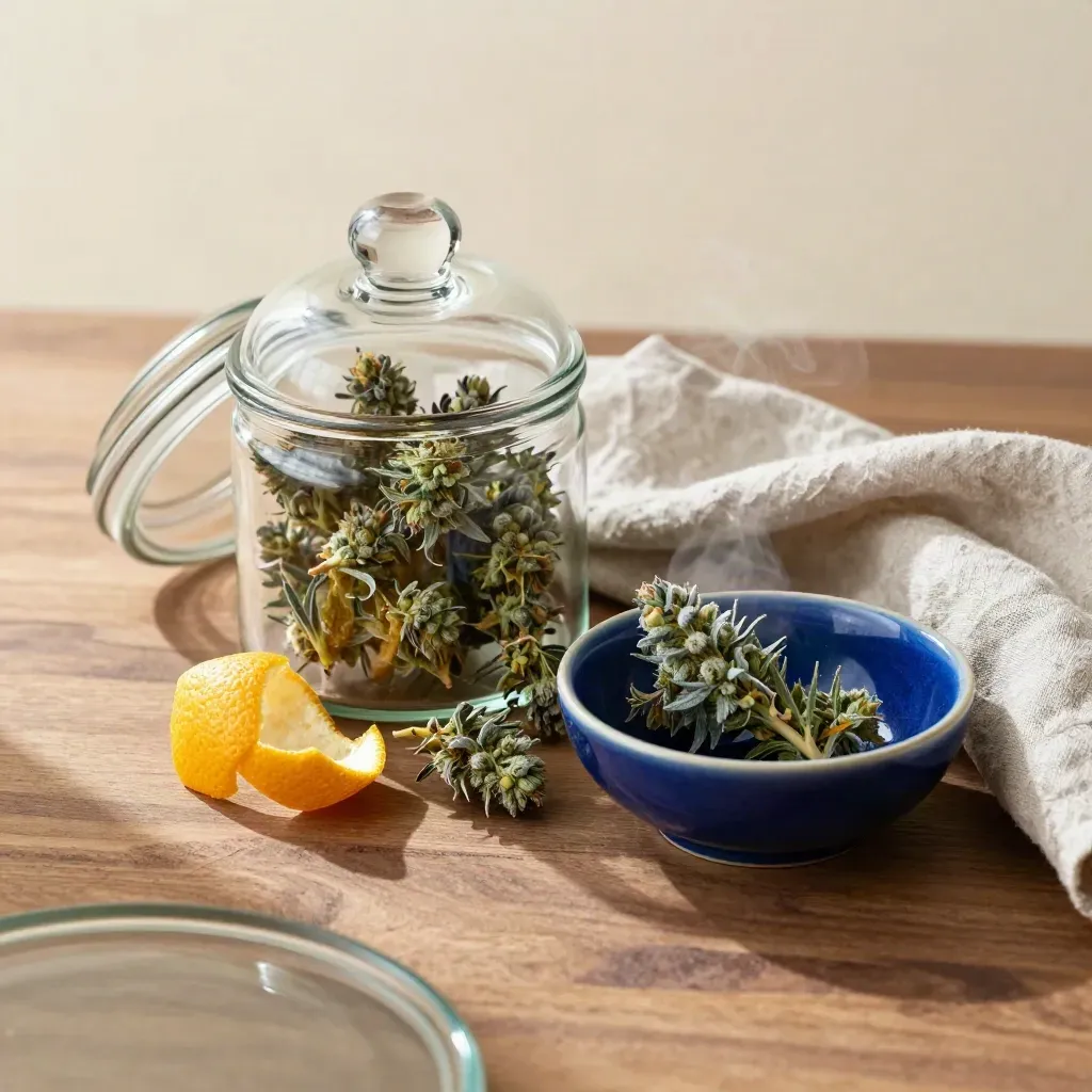 Open jar of Blue Dream flower beside a cobalt bowl, citrus peel, linen cloth, and glass cloche