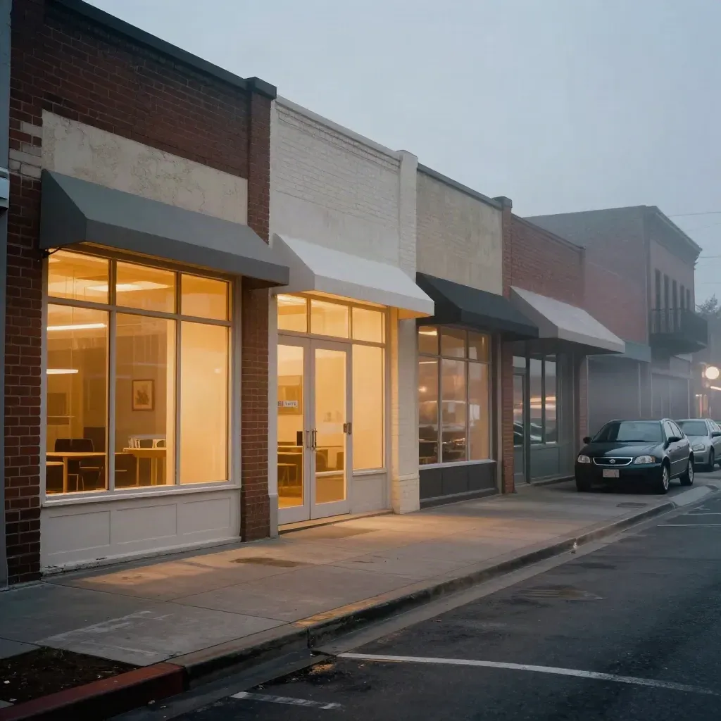 Blue-hour street of glowing cannabis storefronts with parked cars and mist