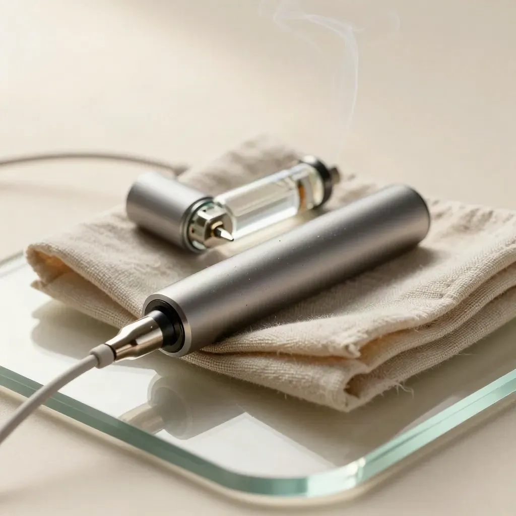 Matte vape pen, cartridge, cable, and sage cloth rest on a glass tray with a faint vapor curl.