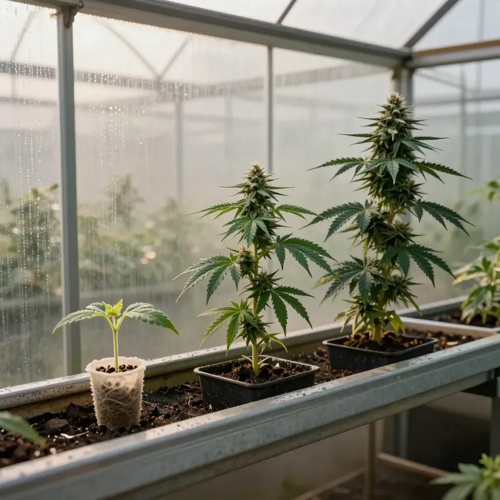 Greenhouse bench showing a cannabis plant from seedling to flowering top.