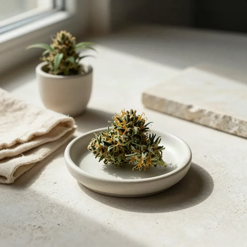 Cannabis bud on ceramic dish with hemp cloth, plant cutting, and stone tray