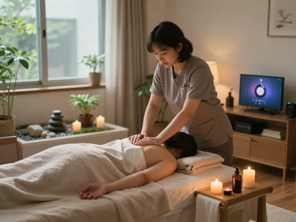 Relaxing 신촌출장마사지 scene with a professional therapist in a cozy living room setting.